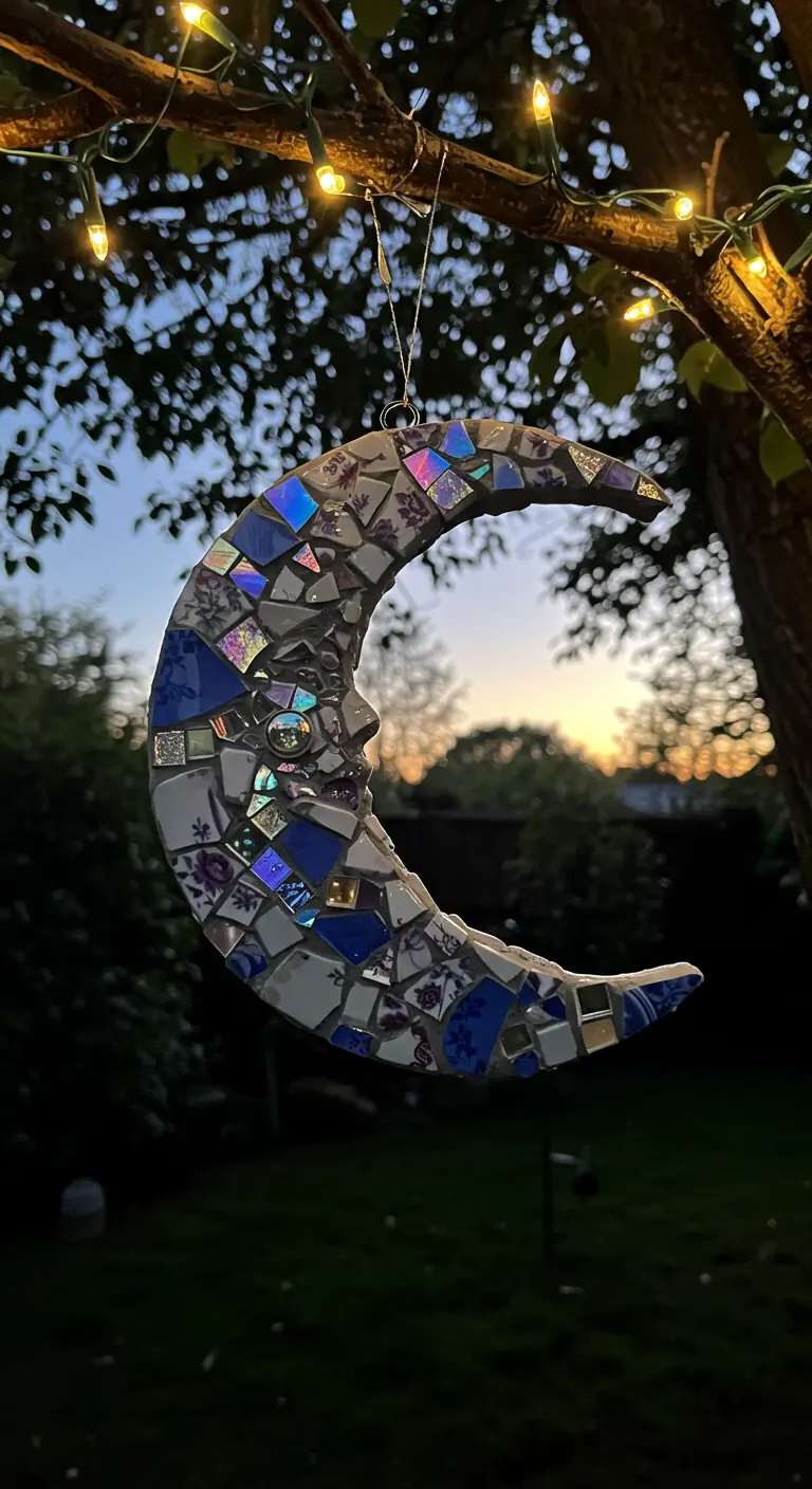 A mosaic crescent moon hanging from a tree at dusk, made with blue china and iridescent mirror.
