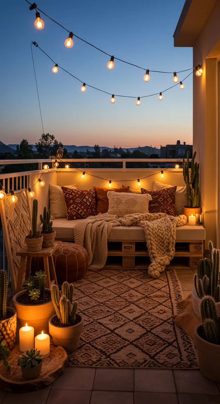 A cozy balcony at dusk with string lights, a pallet sofa, and numerous cacti.
