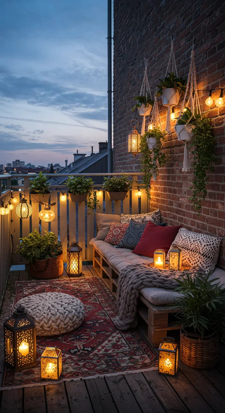 Cozy bohemian balcony at dusk with a pallet sofa, lanterns, and a red Kilim rug.