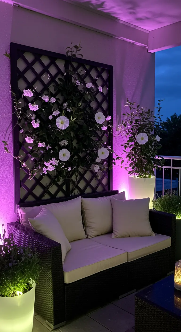 A dark rattan sofa in front of a trellis with white flowers, all illuminated by a dramatic purple light.