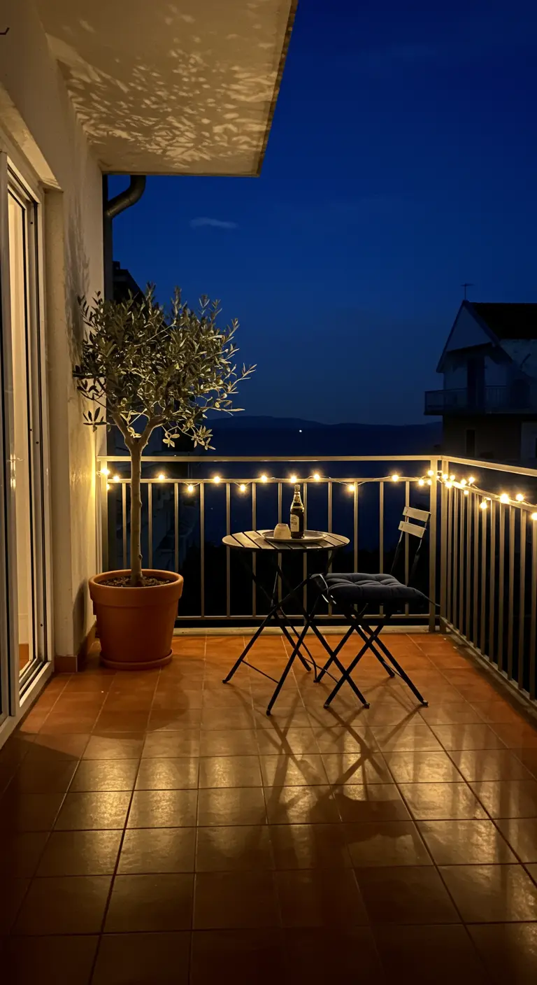 A simple balcony with an olive tree, bistro set, and string lights on the railing at night.