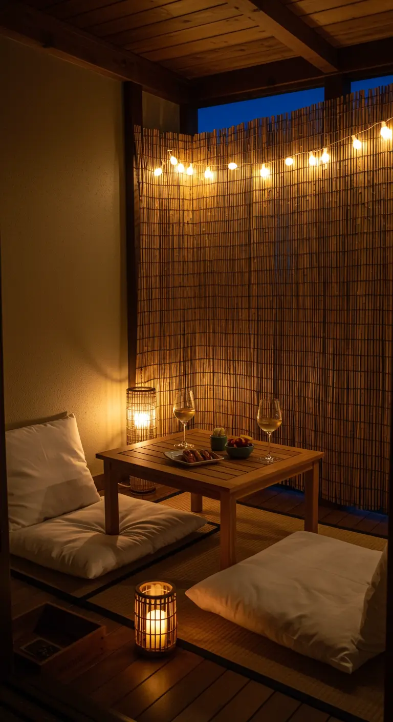 A cozy balcony at night with string lights draped over a bamboo screen, illuminating a table for two.