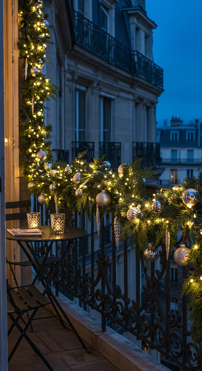A Parisian balcony railing heavily decorated with a lit garland and silver ornaments at dusk.