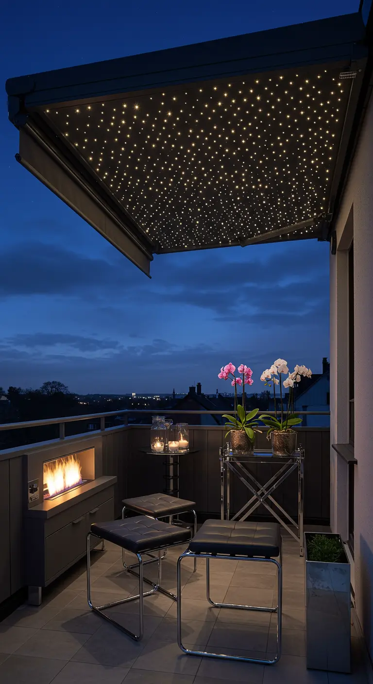 A luxurious balcony at night with a starlight-lit awning and a small tabletop fireplace.