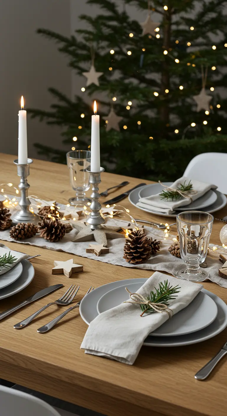 A festive table with pinecones, wooden stars, fairy lights, and pewter candle holders.