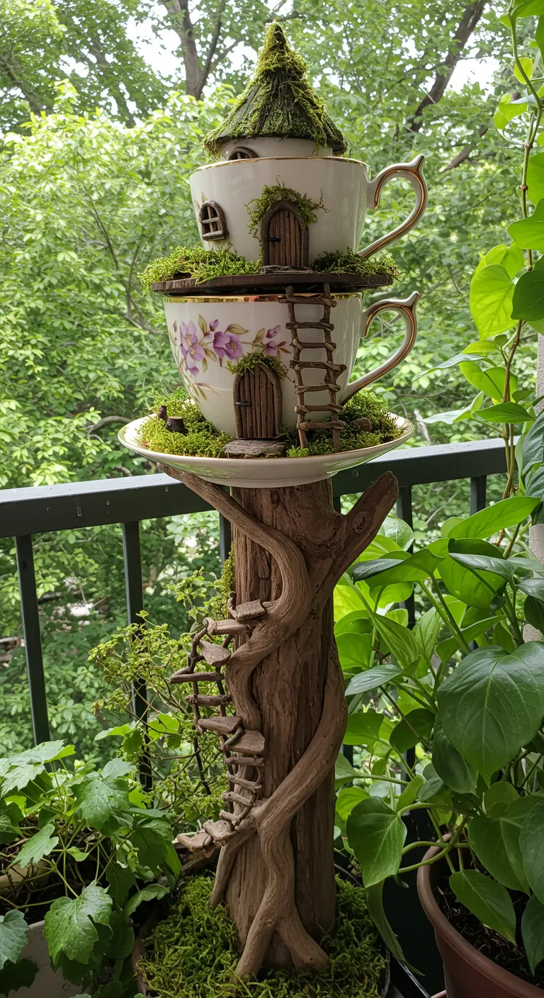 Two stacked teacups creating a two-story fairy house, mounted on a driftwood tree trunk.
