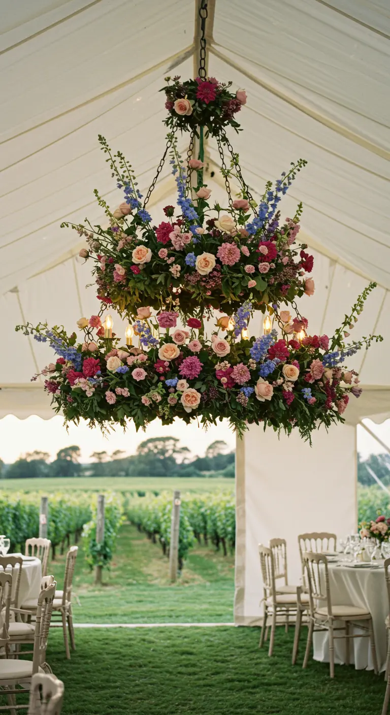 A two-tiered floral chandelier with pink, purple, and blue flowers hanging in a reception tent.
