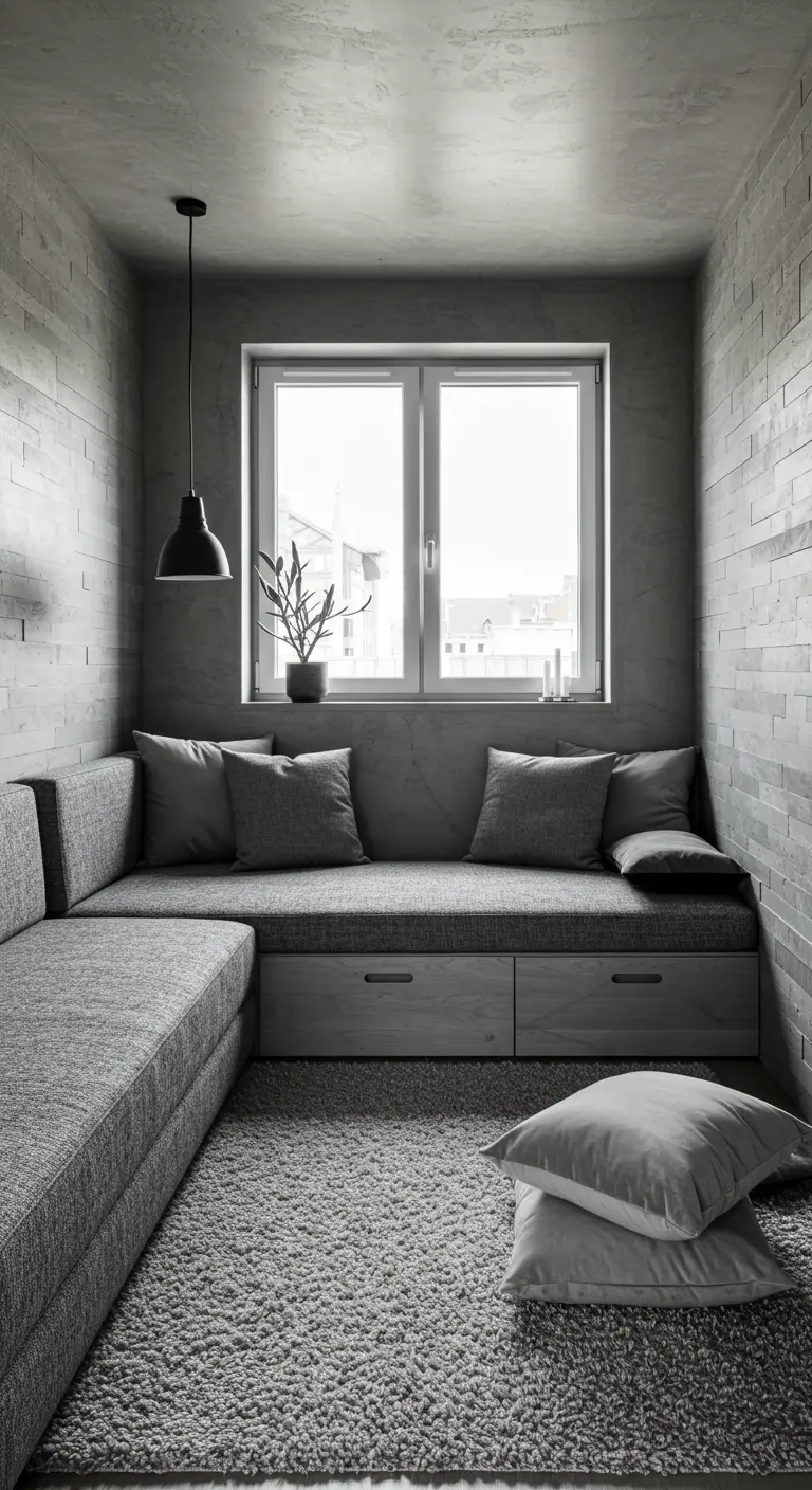 U-shaped built-in gray sofa with storage in a narrow, textured-wall room.