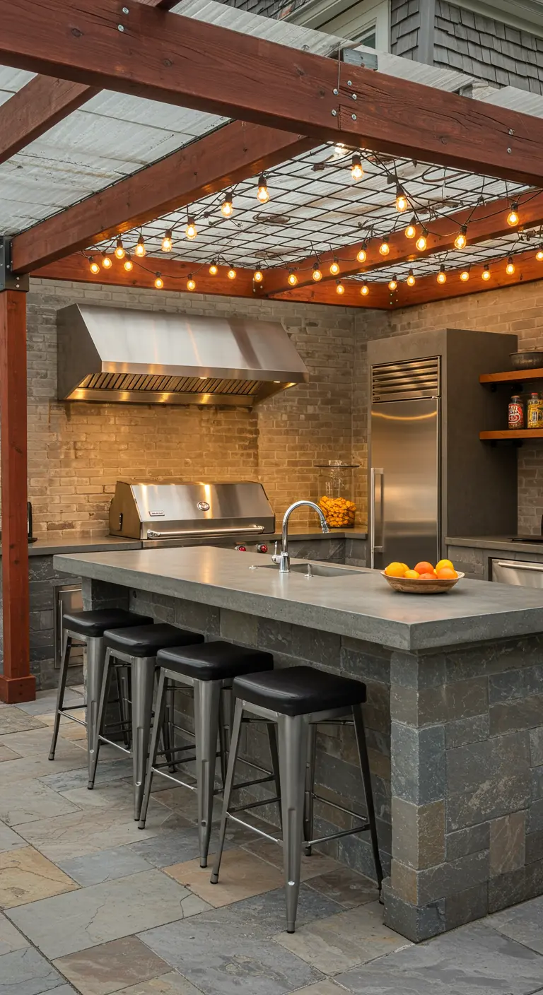An outdoor kitchen with steel stools at a concrete island.