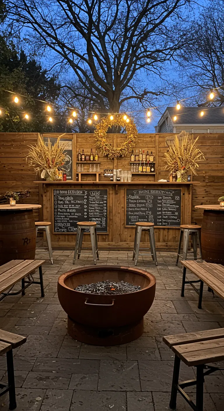 A rustic outdoor bar with a fire pit, barrel tables, chalkboard menus, and wheat decor.