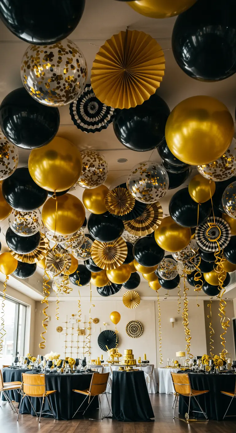 A ceiling completely covered in a dense arrangement of black, gold, and confetti balloons and paper fans.