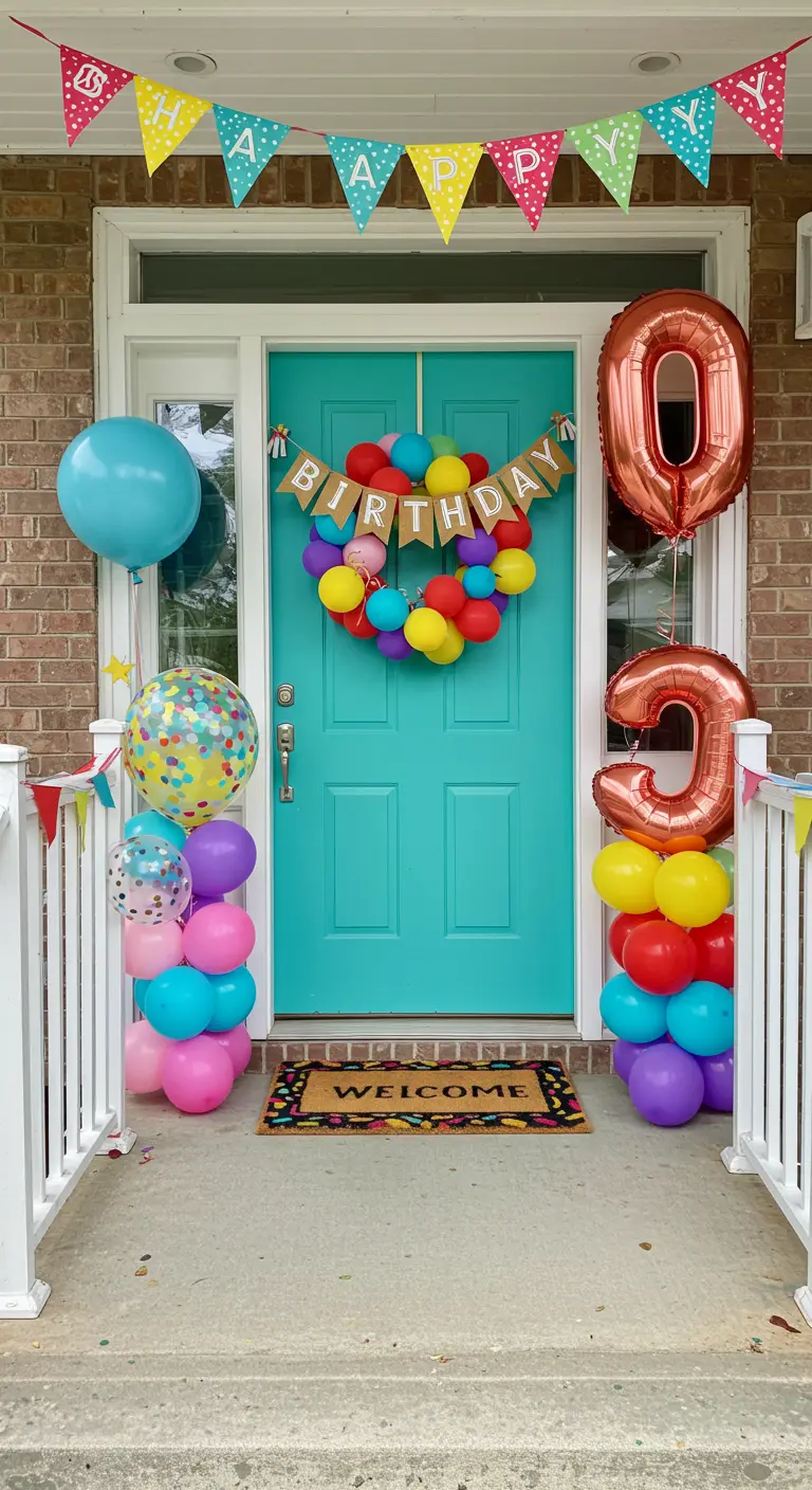 Teal door decorated for a birthday party with colorful balloons, banners, and numbers.