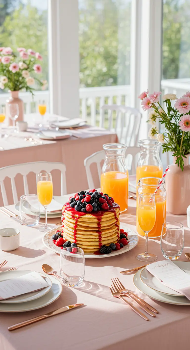 A sunny birthday brunch table with a blush tablecloth and a large stack of pancakes.