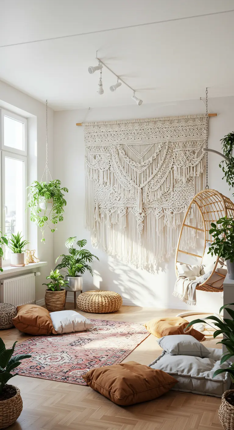 A very large macrame wall hanging above floor cushions and a rattan hanging chair.