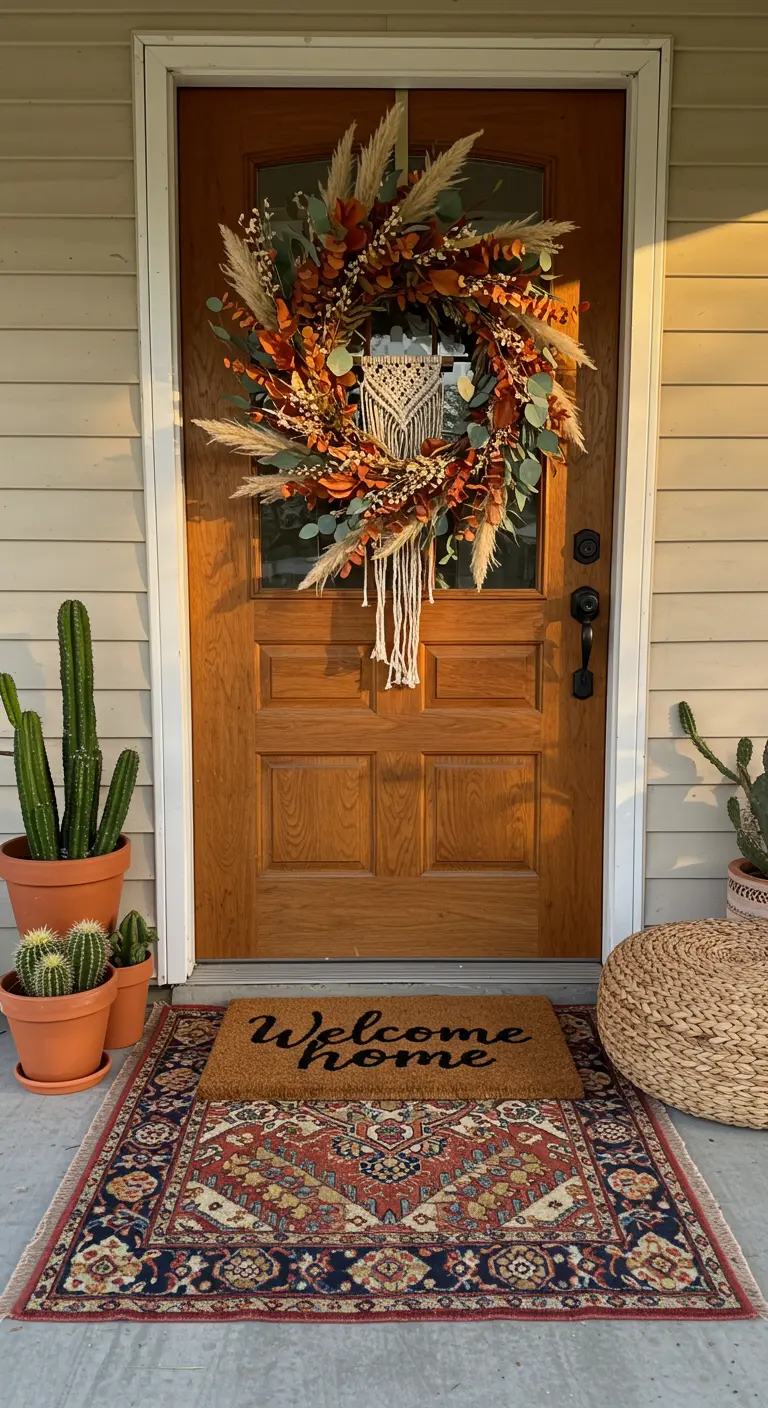 Wood door with a boho pampas grass wreath, layered over a colorful Persian rug.