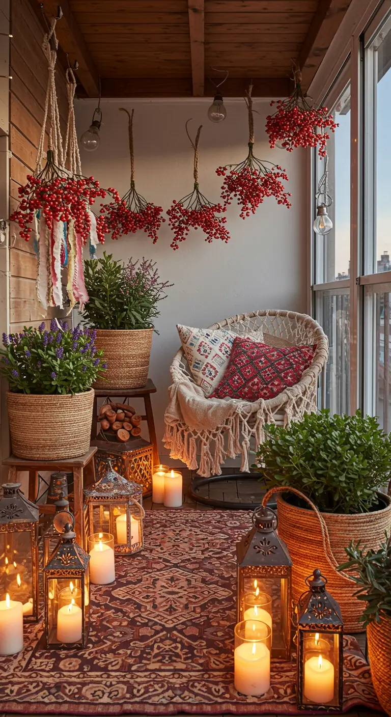 A bohemian balcony with a hanging chair, woven planters, lanterns, and hanging berries.