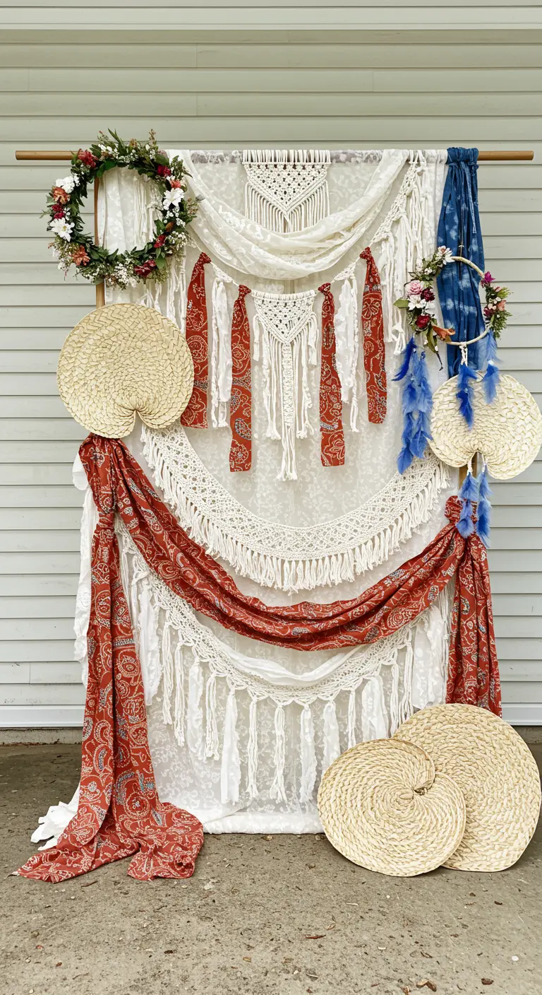 A layered boho photo backdrop with macrame, lace, and patterned red and blue fabrics.