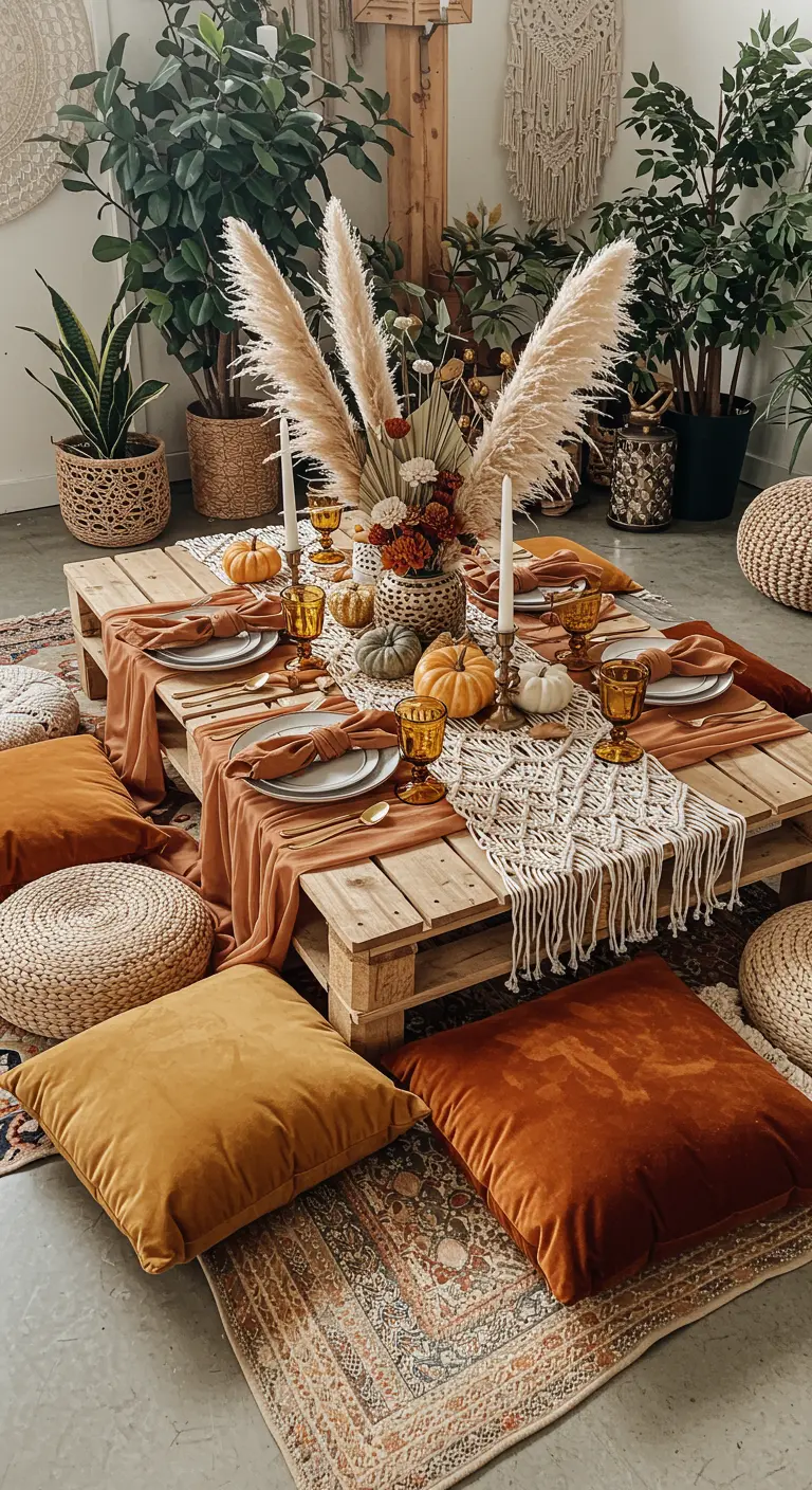 A low pallet table set for a boho Thanksgiving with floor cushions, pampas grass, and macrame.