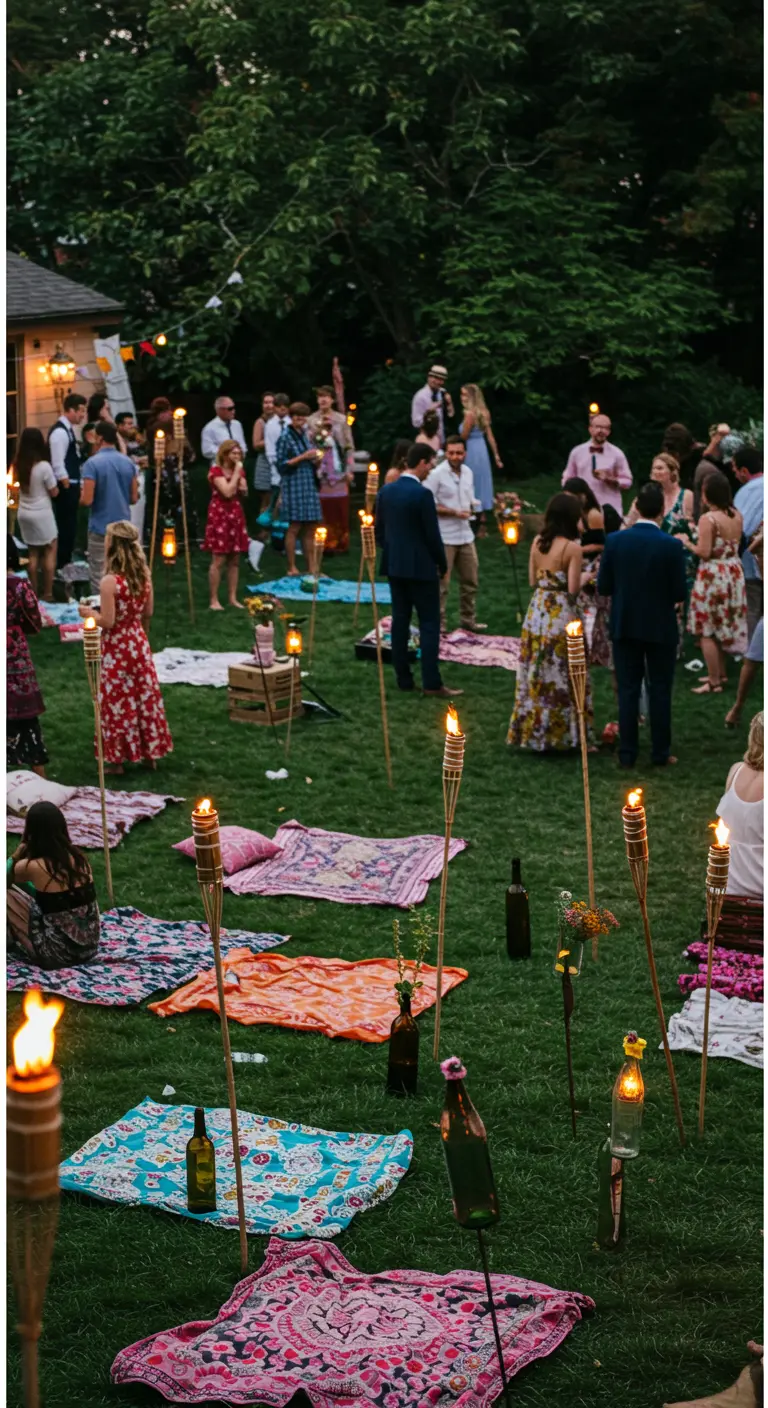 A large lawn full of people at a party with blankets, pillows, and scattered bottle torches.