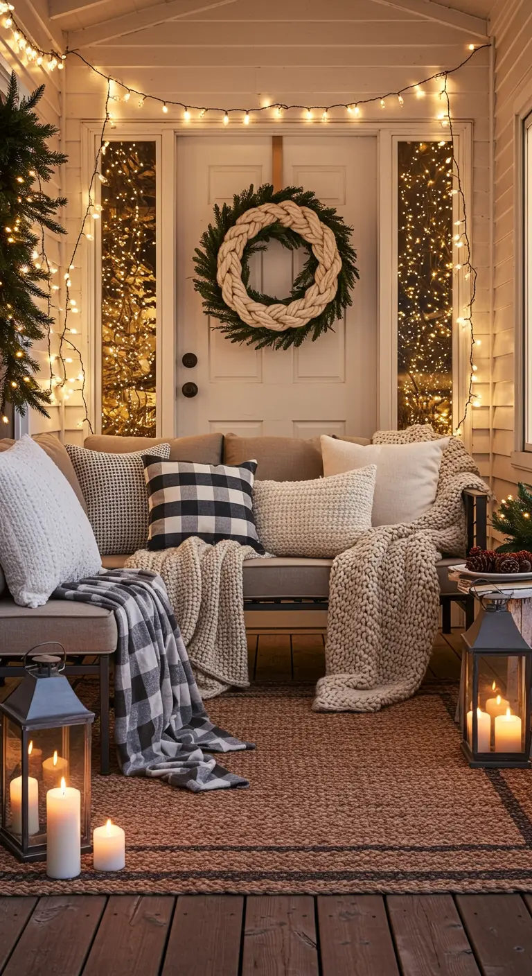 A cozy covered porch set up like a living room with a sofa, plaid throws, and lanterns.