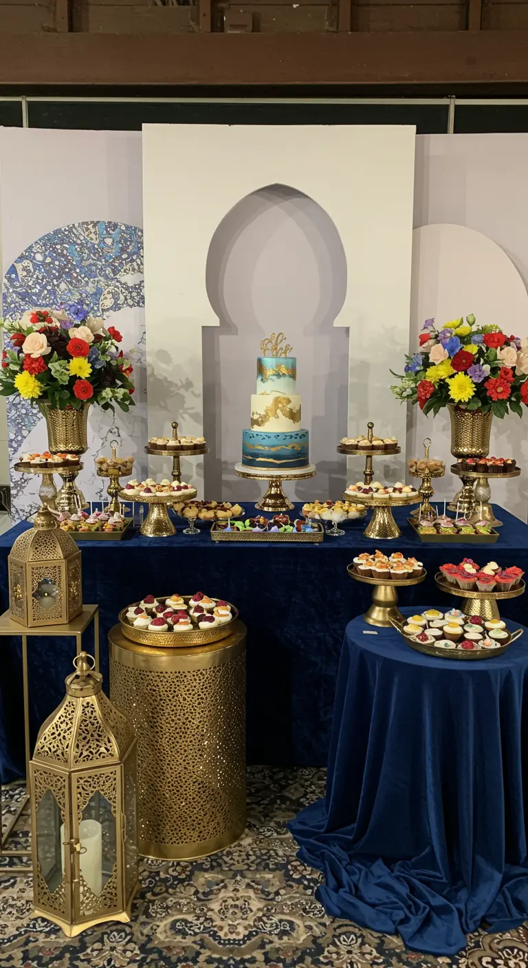 A Moroccan-themed dessert table with a blue and gold color scheme and arch backdrop.