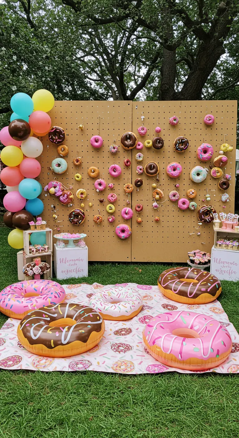 A pegboard donut wall and inflatable donut pillows at an outdoor party.