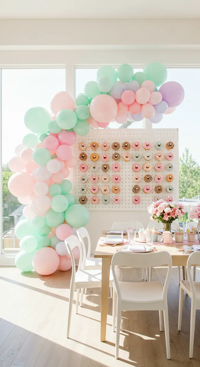 A donut wall with pastel frosting next to a table with a mint and pink balloon arch.