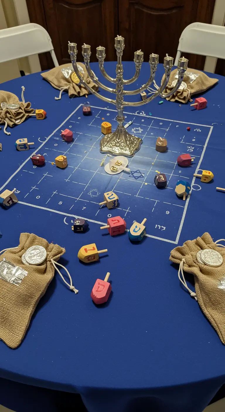 A Hanukkah table set up as a dreidel game, with a game board on the tablecloth and gelt bags.