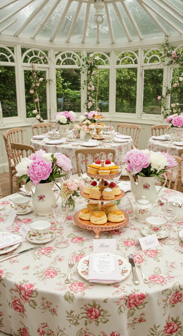 English tea party tablescape with floral tablecloth and a tiered cake stand.