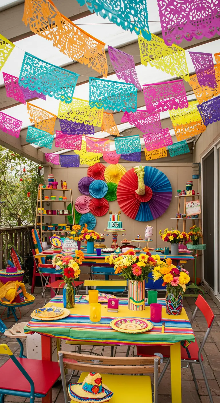 A vibrant fiesta-themed party on a patio with colorful papel picado, paper fans, and flowers.