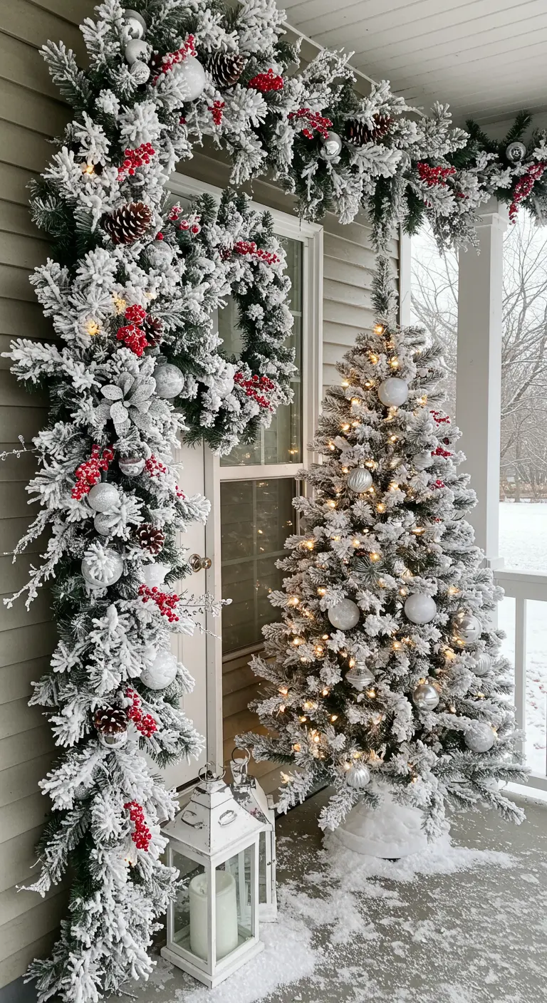 A heavily flocked garland and tree decorate a porch, with pops of red berries and white ornaments.
