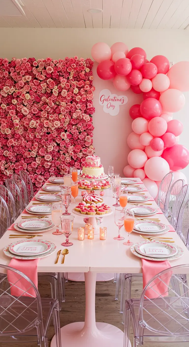 A Galentine's Day brunch table with a pink rose wall and a vibrant balloon arch.