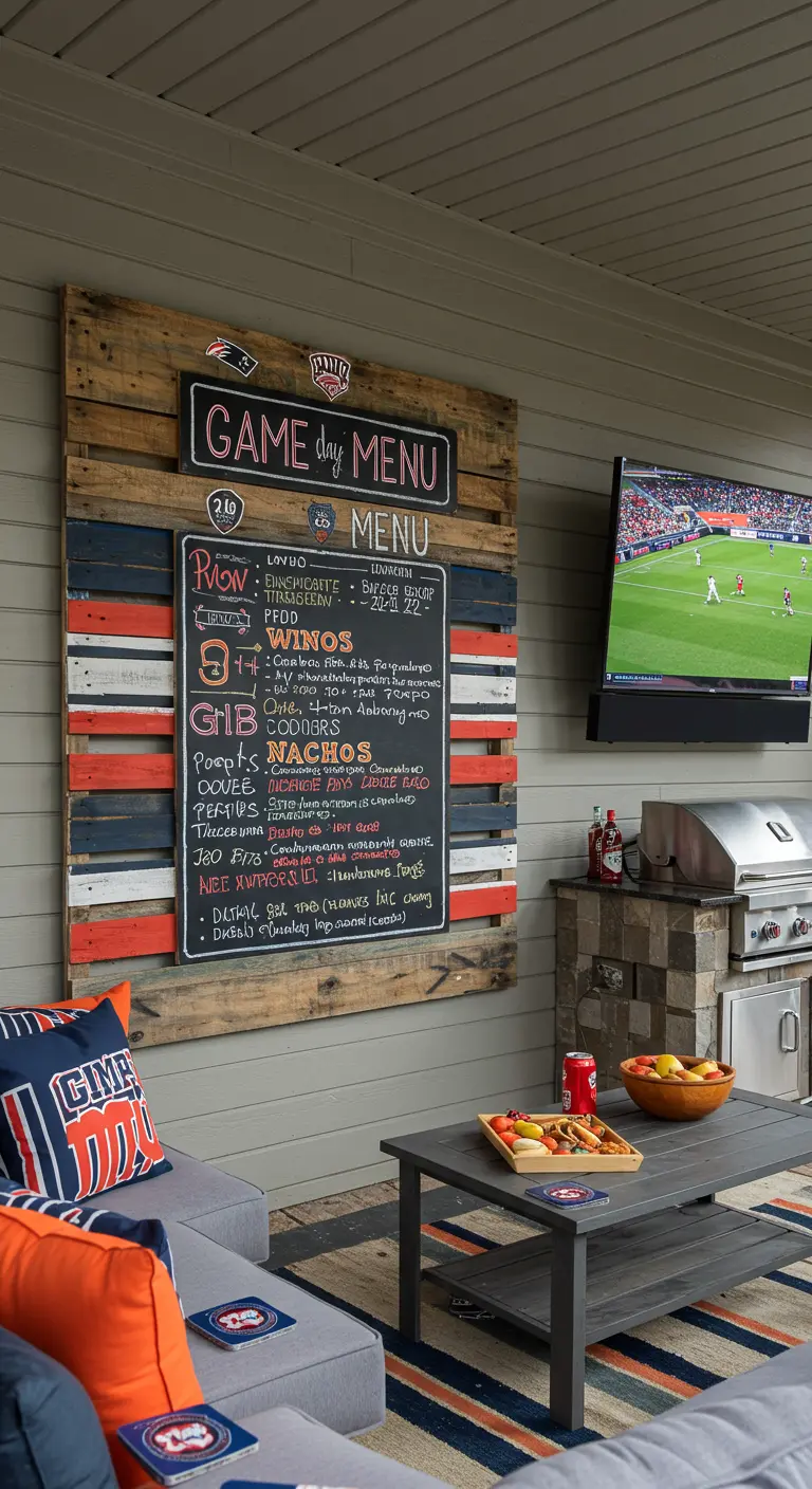 A game day menu chalkboard mounted on a pallet painted in team colors.