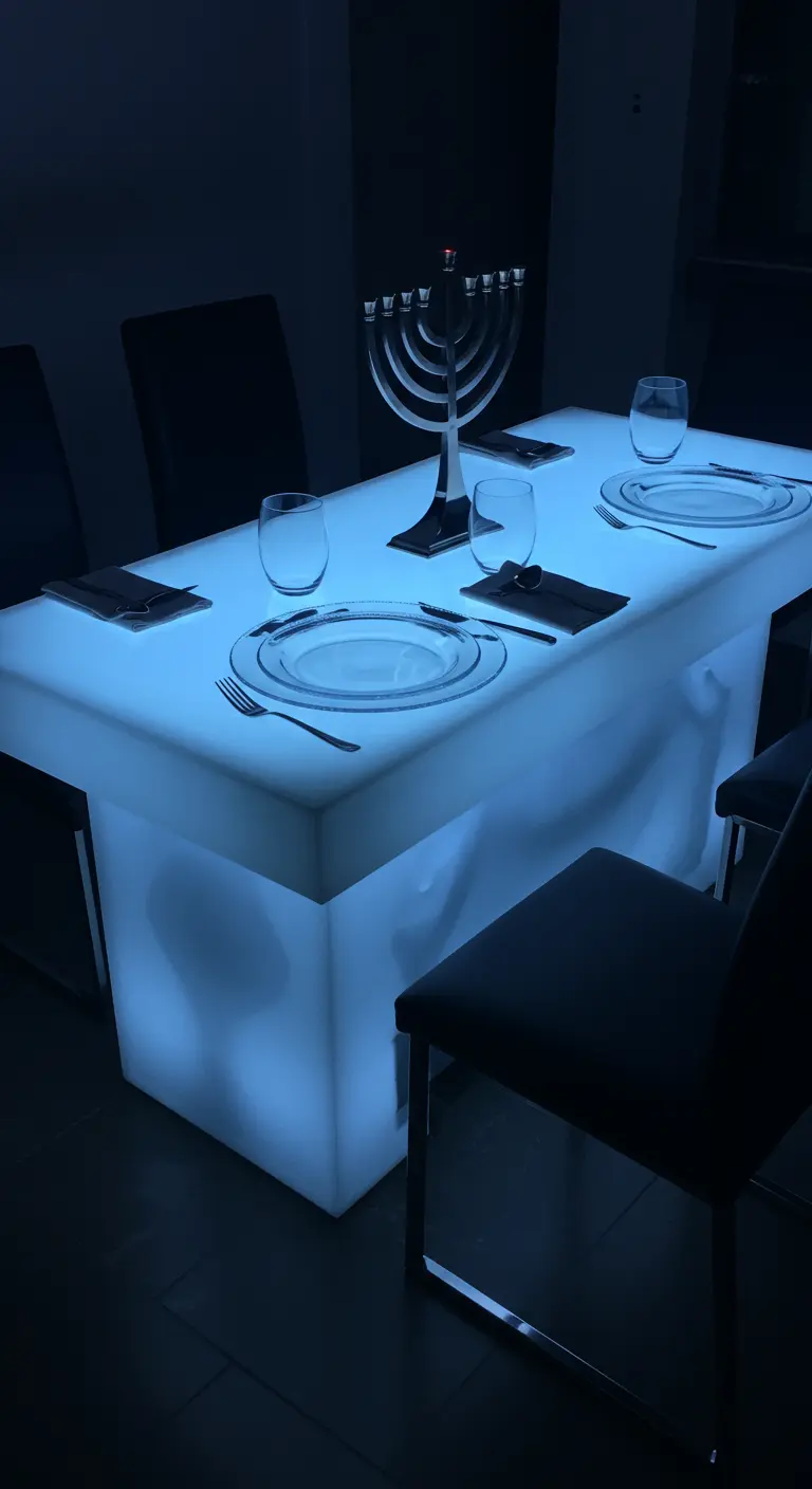 A minimalist Hanukkah dinner setting on a dining table that glows with blue light.