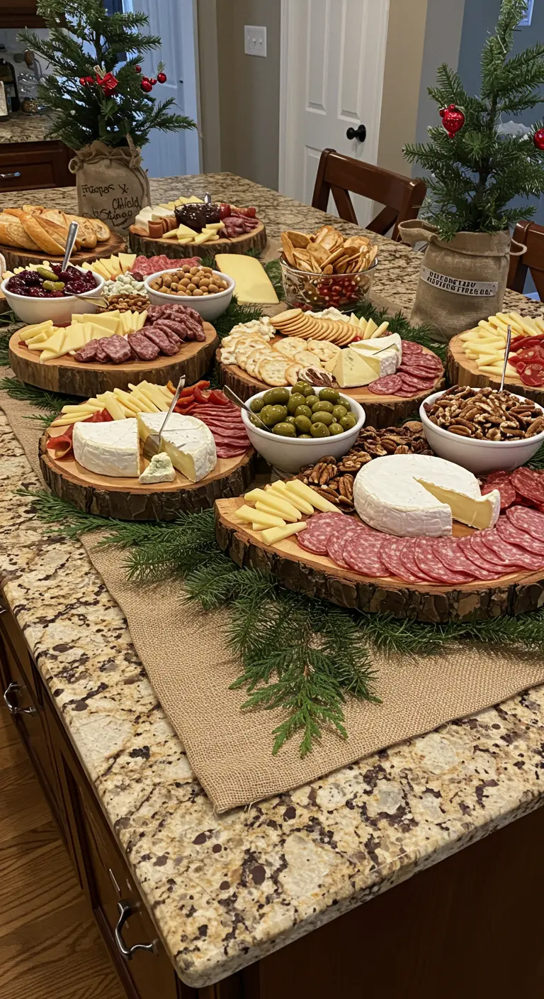 A lavish holiday grazing table with charcuterie and cheese served on large wood slices.