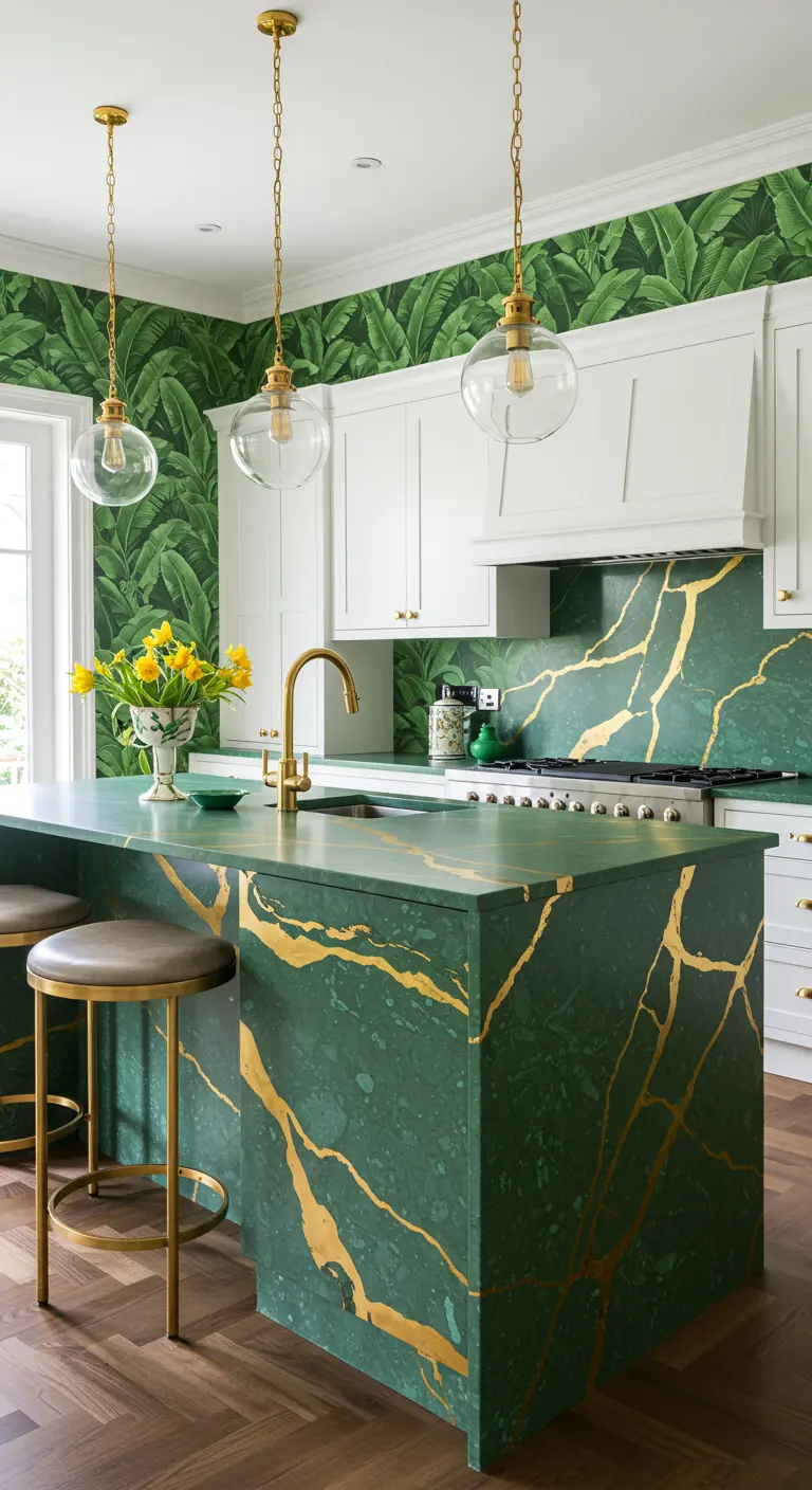 Kitchen with bold palm leaf wallpaper and a dramatic green and gold marble-look waterfall island.