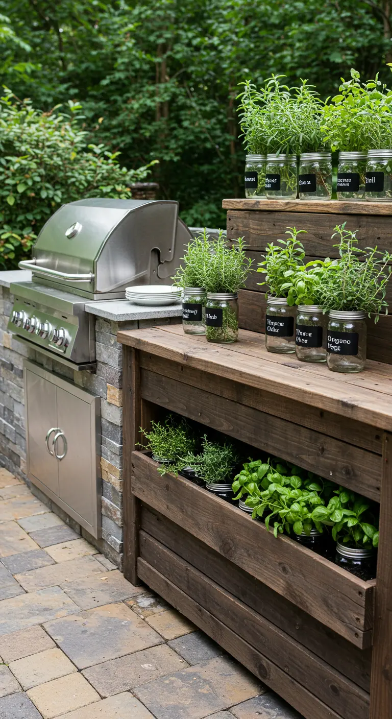 A tiered wooden herb garden built into an outdoor kitchen counter next to a stainless steel grill.