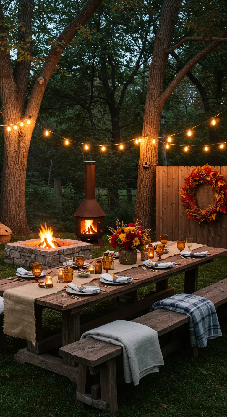 Outdoor fall dining table with string lights, a fire pit, and an autumn wreath on a fence.