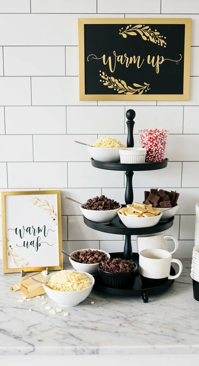 Black and white hot chocolate bar with various toppings on a tiered stand.