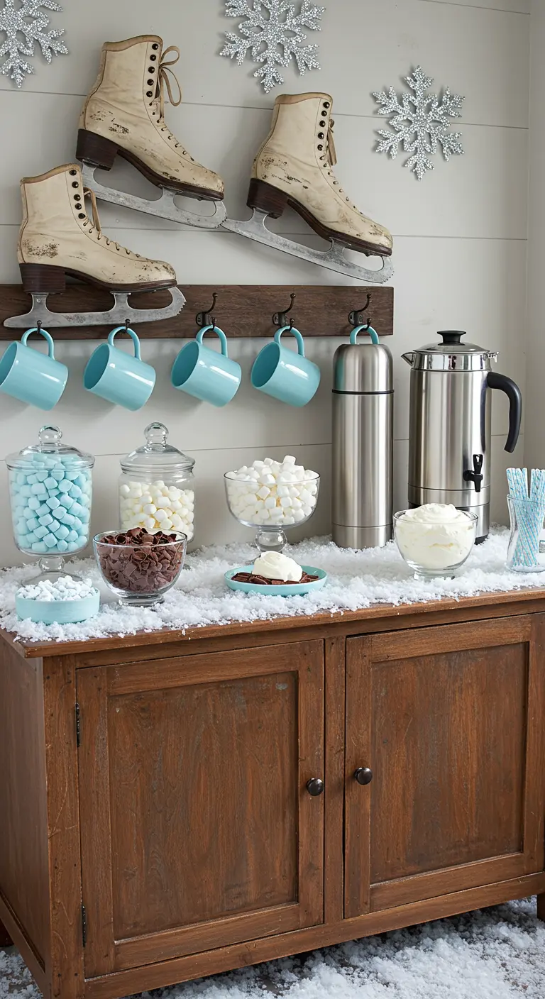 A hot chocolate bar on a wooden cabinet with vintage ice skates hung on the wall.