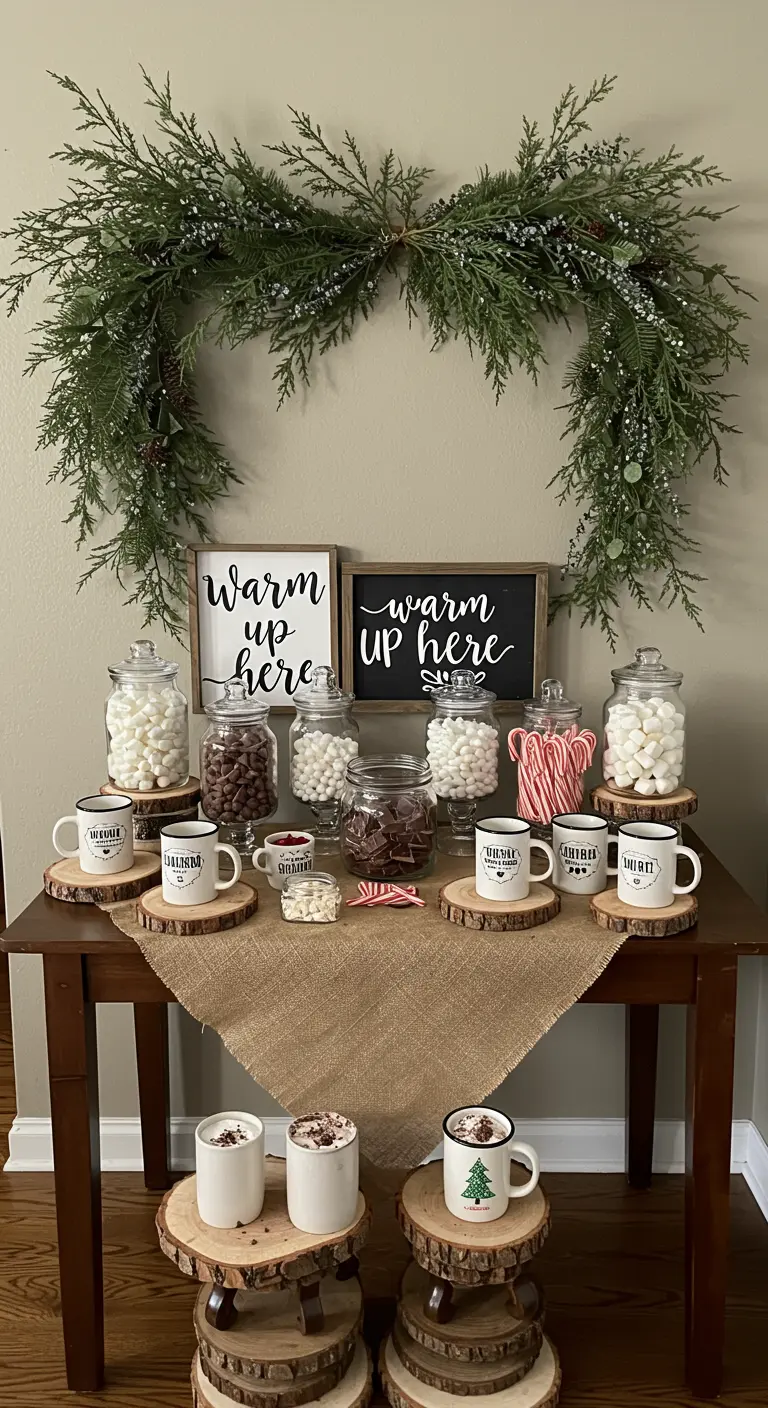 Hot cocoa bar with glass jars of toppings, mugs on wood slices, and a cedar wreath.