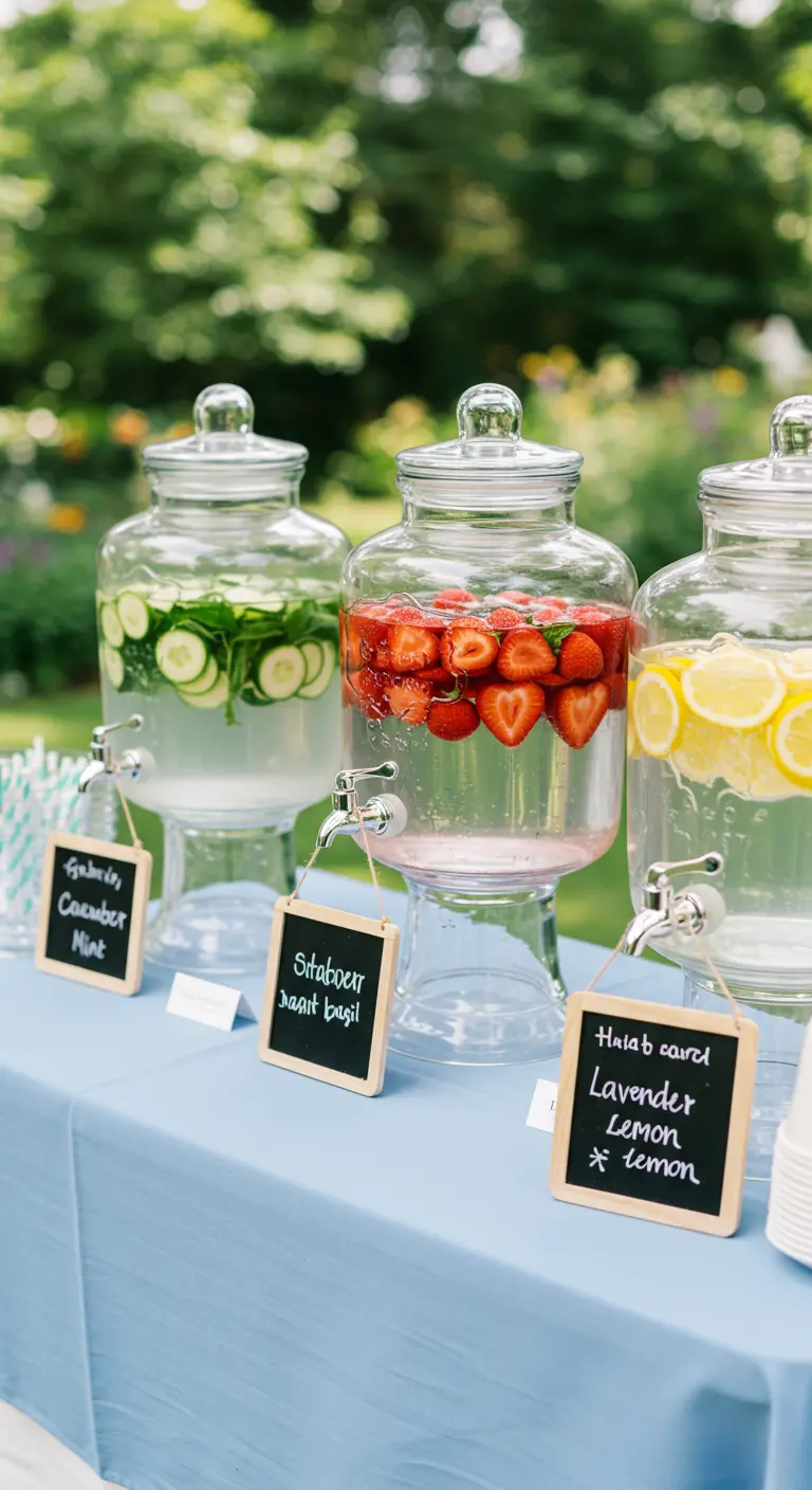 Three glass beverage dispensers filled with infused water: cucumber-mint, strawberry-basil, and lemon-lavender.