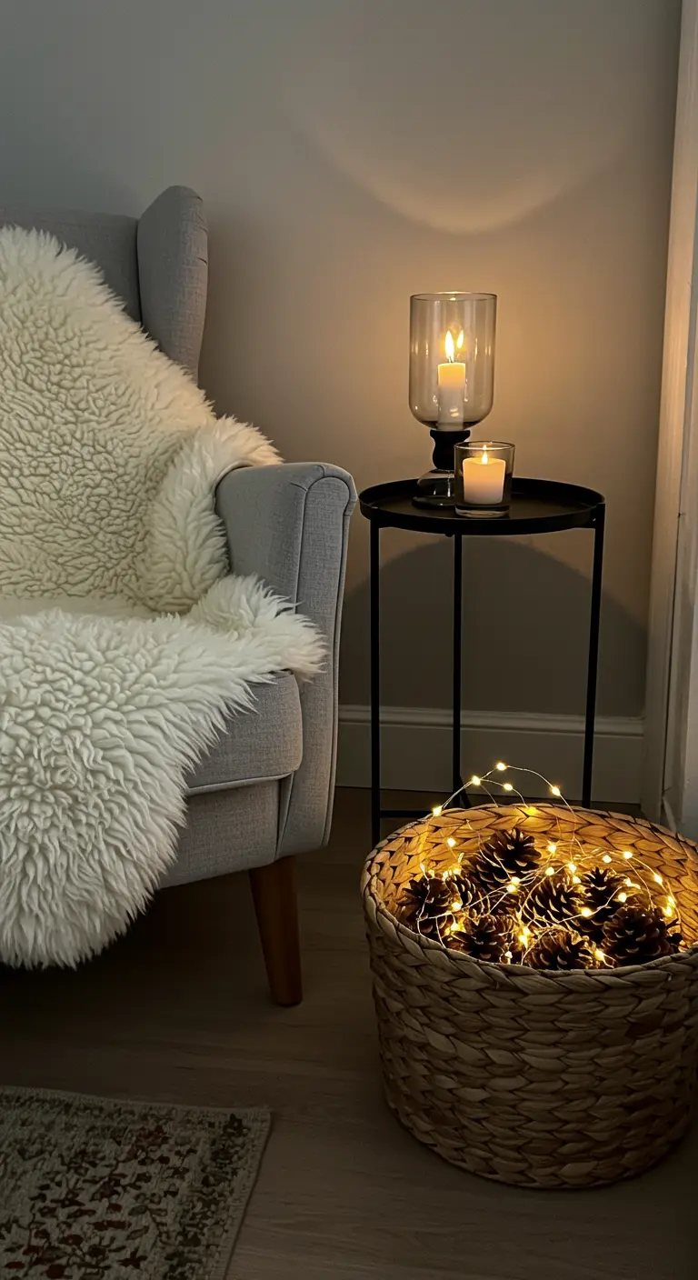 Cozy armchair with a sheepskin throw, side table with a candle, and a basket of lights.