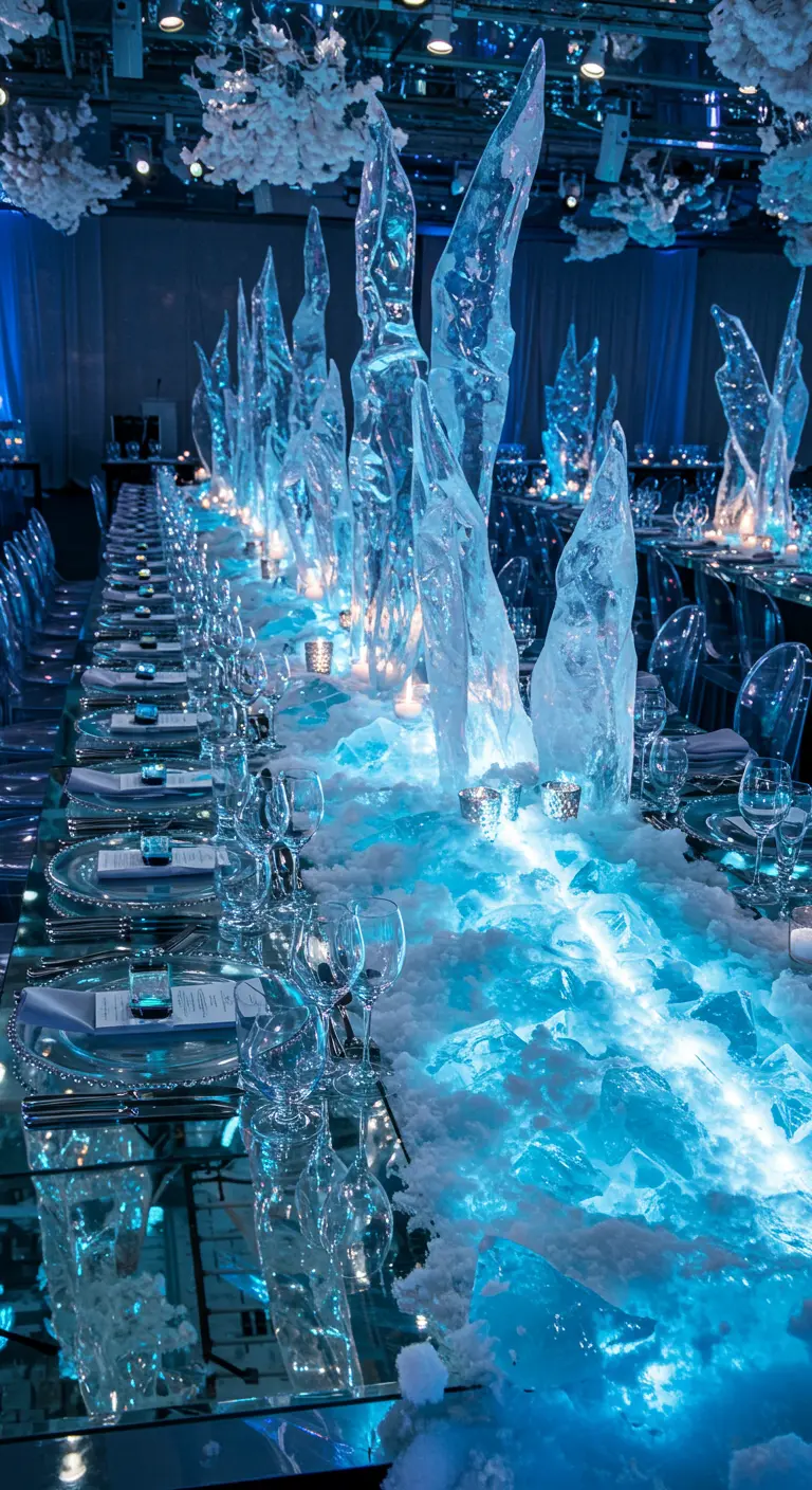 A long, mirrored table with large, jagged ice sculptures lit from below with blue light.