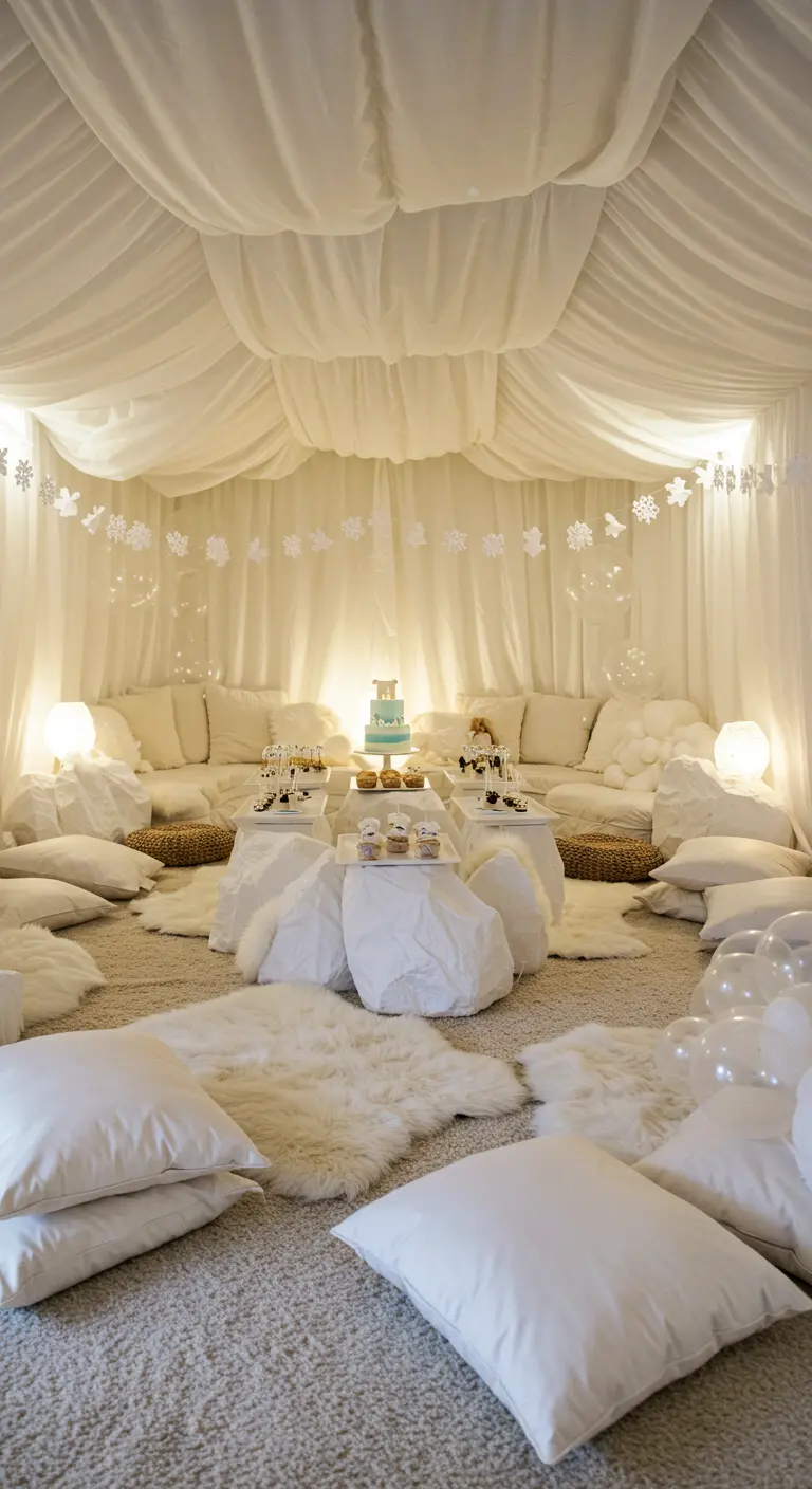 All-white party decor creating an igloo feel with drapes, pillows, and soft lighting.