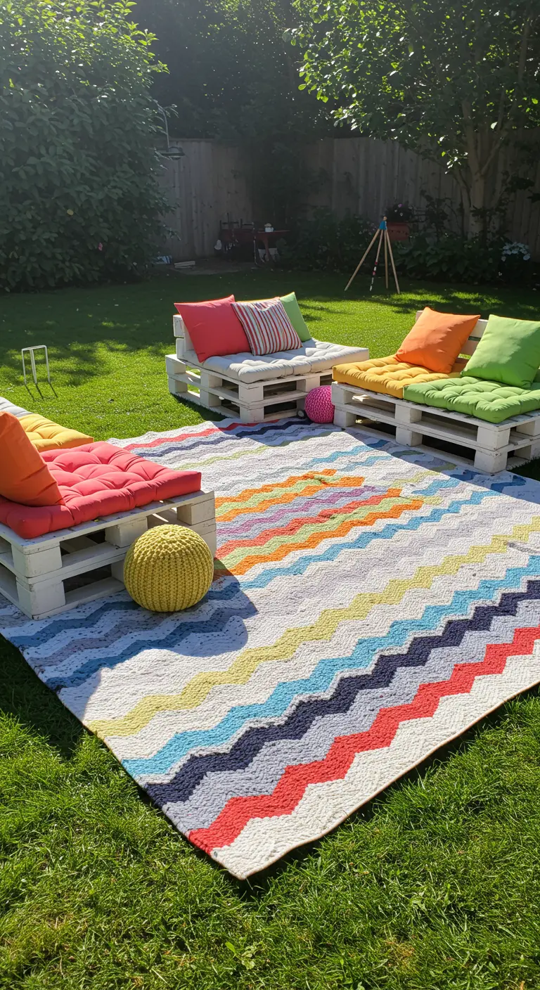 A large, rainbow-colored chevron rug on the grass with lounge seating made from pallets.
