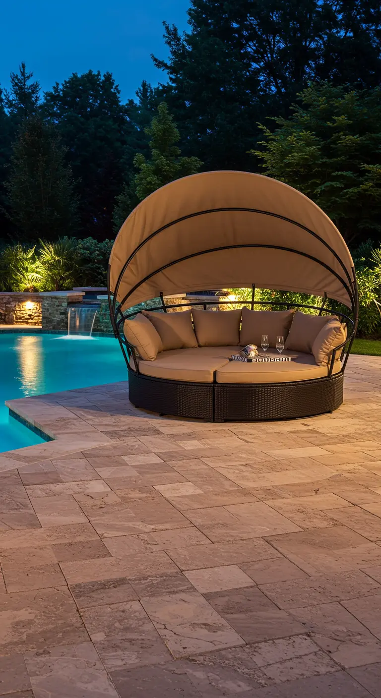 A large, round rattan daybed with a canopy and plush cushions by a pool at night.