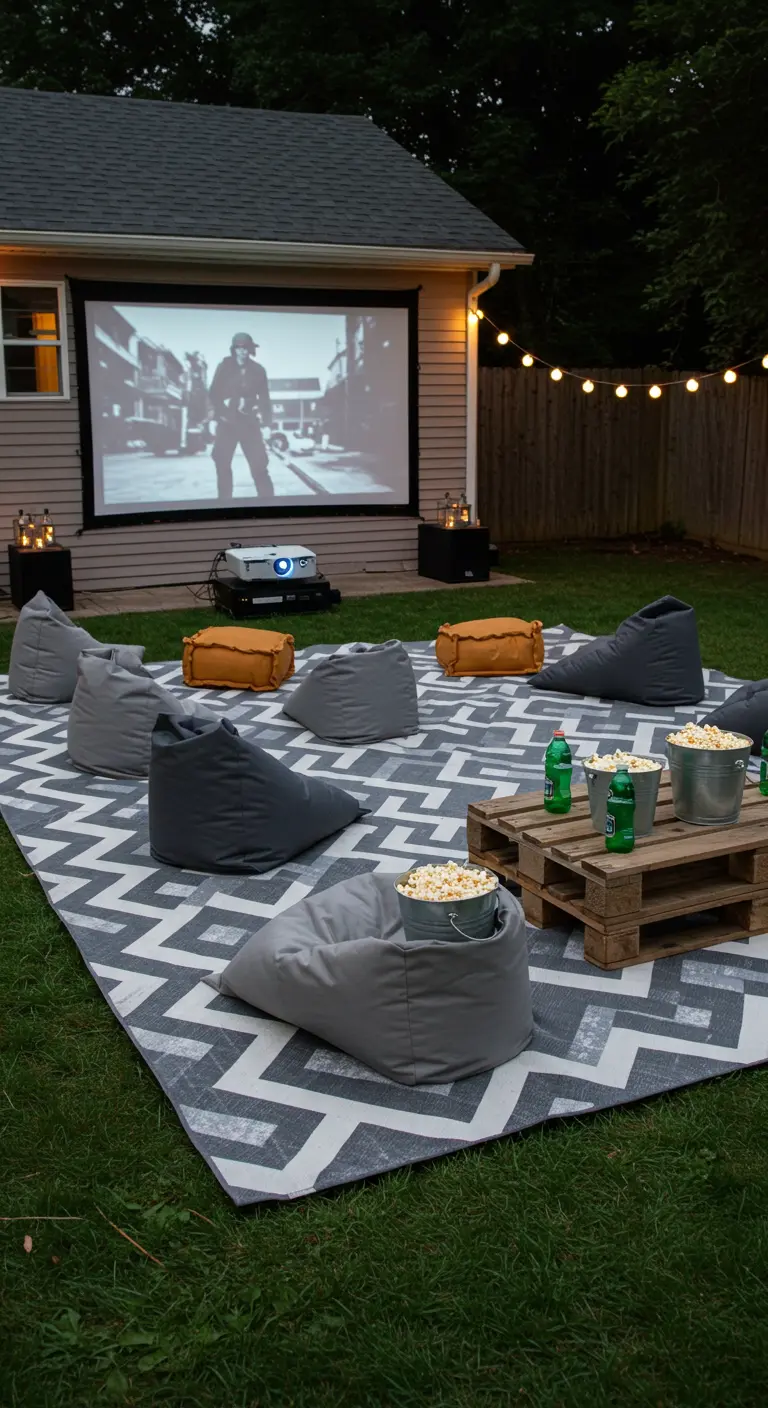 A huge chevron rug on a lawn with beanbag chairs set up for an outdoor movie night.