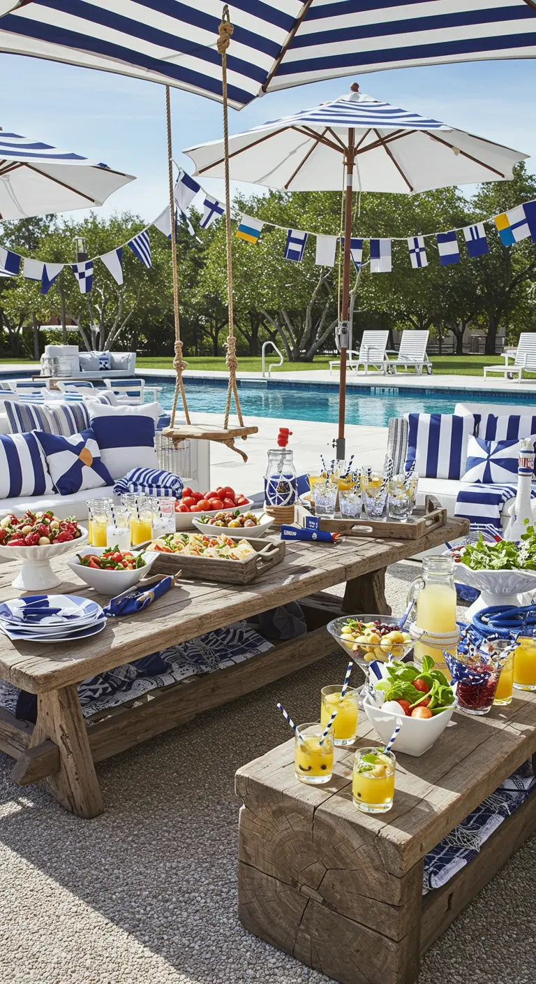 Poolside party with long rustic tables, rope swings, and navy and white nautical decorations.