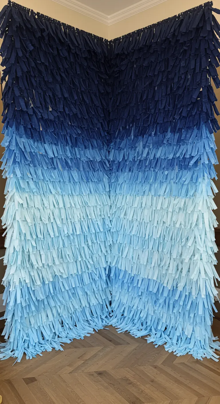 A floor-to-ceiling party backdrop made of layered blue fabric fringe.